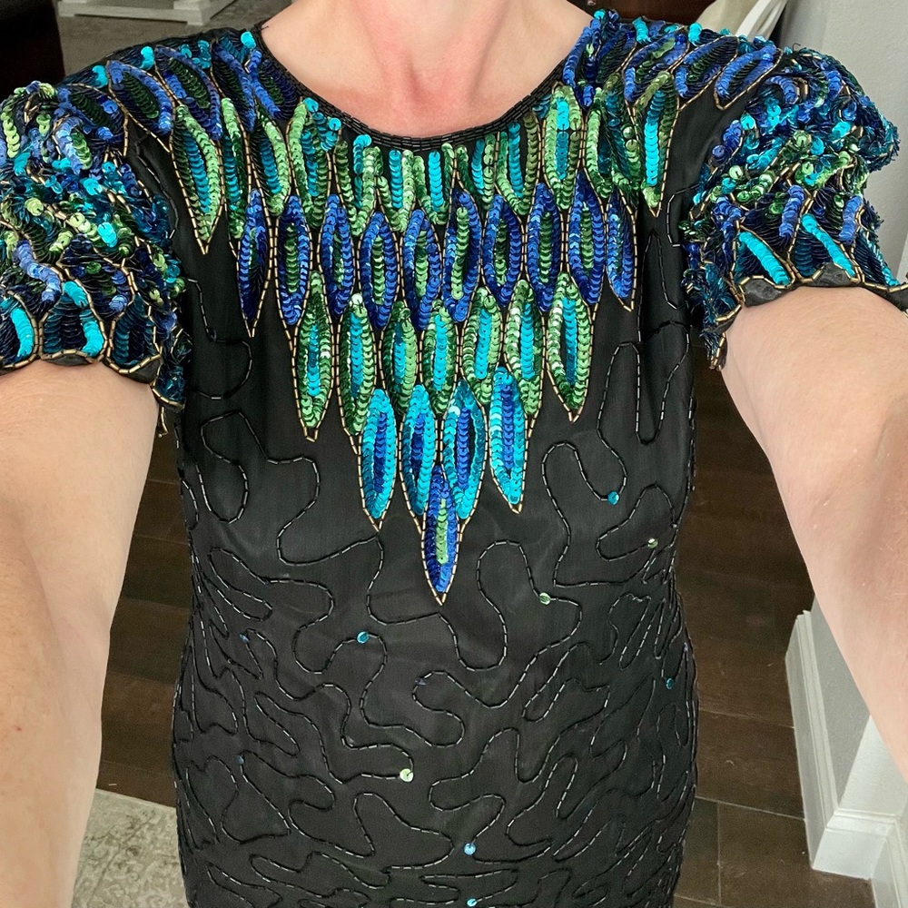 Elegant Vintage JMC 80s Black and Blue Sequin Midi Dress